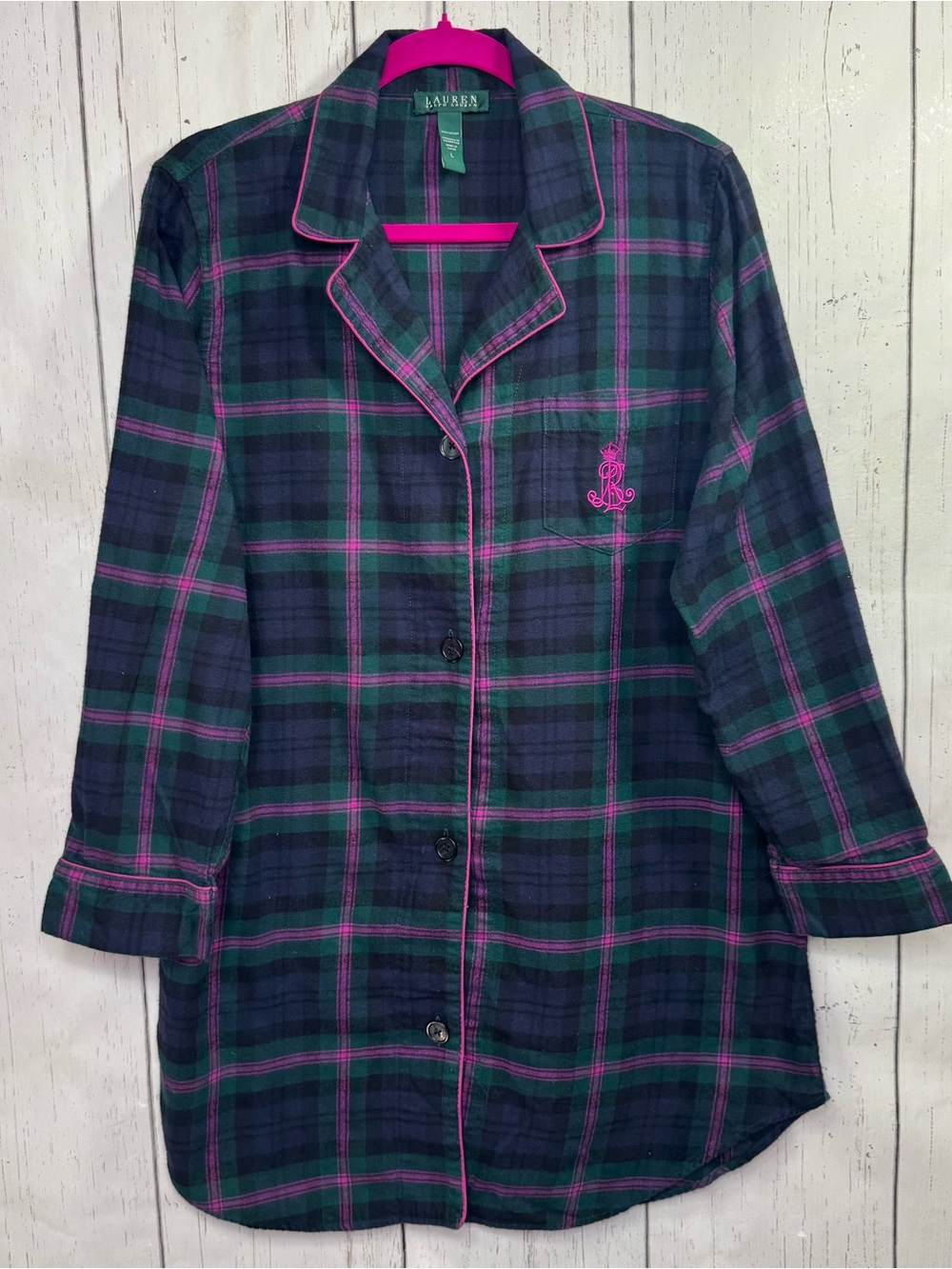 Lauren Ralph Lauren Plaid Pajama Sleep Shirt Size L Tartan Preppy Holiday Cozy